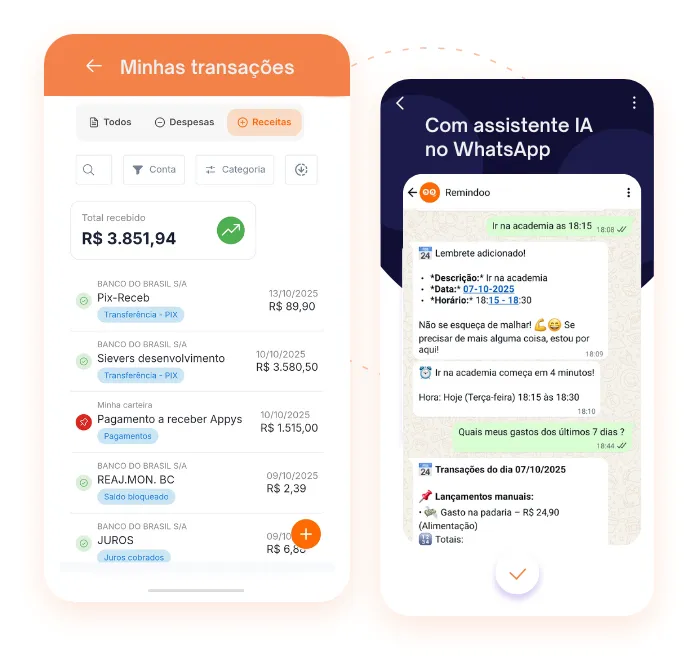 Tela de transações do Remindoo ao lado de uma conversa com o assistente no WhatsApp