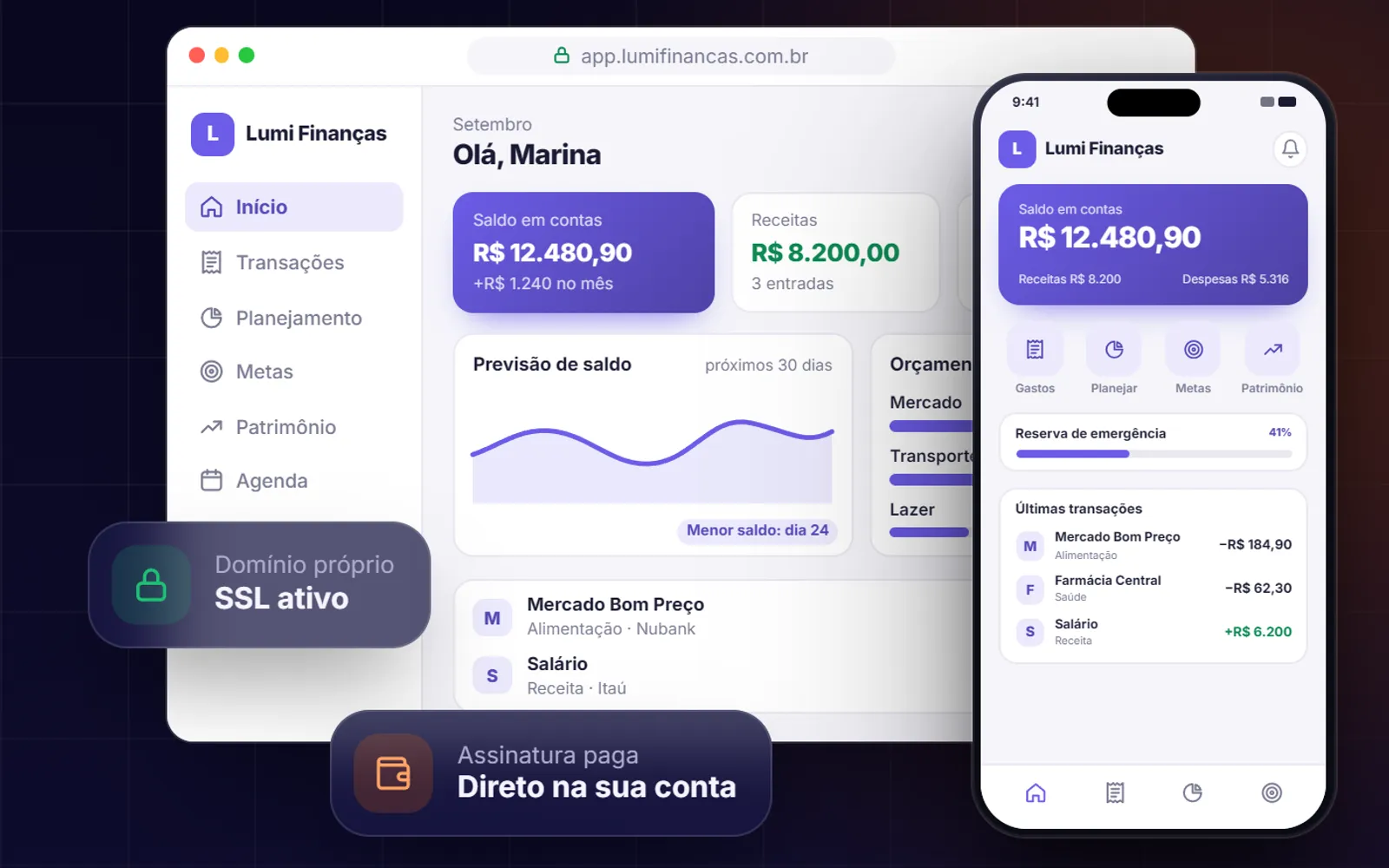 Navegador e celular mostrando um app de finanças com a marca fictícia Lumi Finanças, domínio próprio e saldos organizados