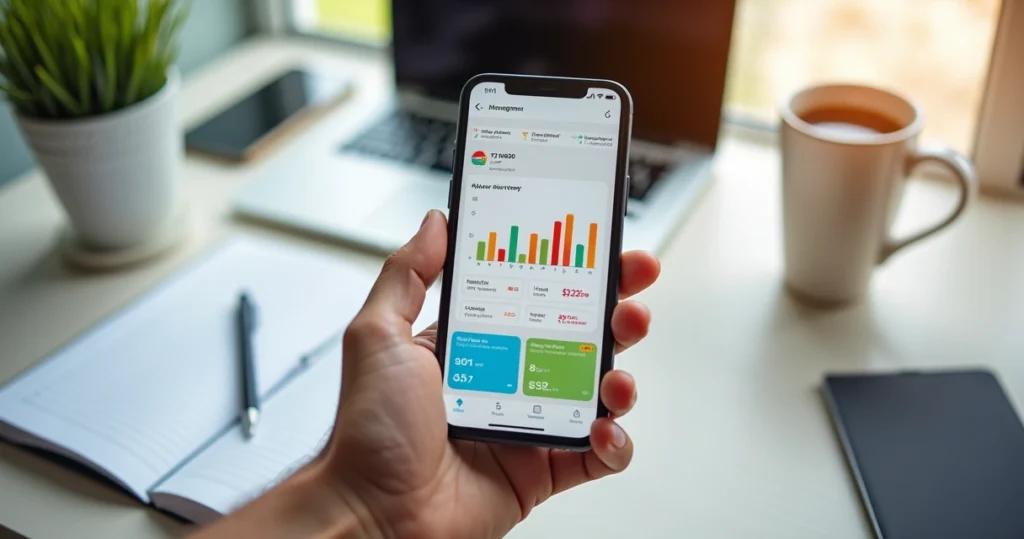 Smartphone mostrando app financeiro com notificações de contas e gráficos de gastos categorizados