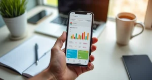 Smartphone mostrando app financeiro com notificações de contas e gráficos de gastos categorizados