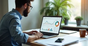 Autônomo conferindo extratos bancários no laptop em ambiente de trabalho moderno