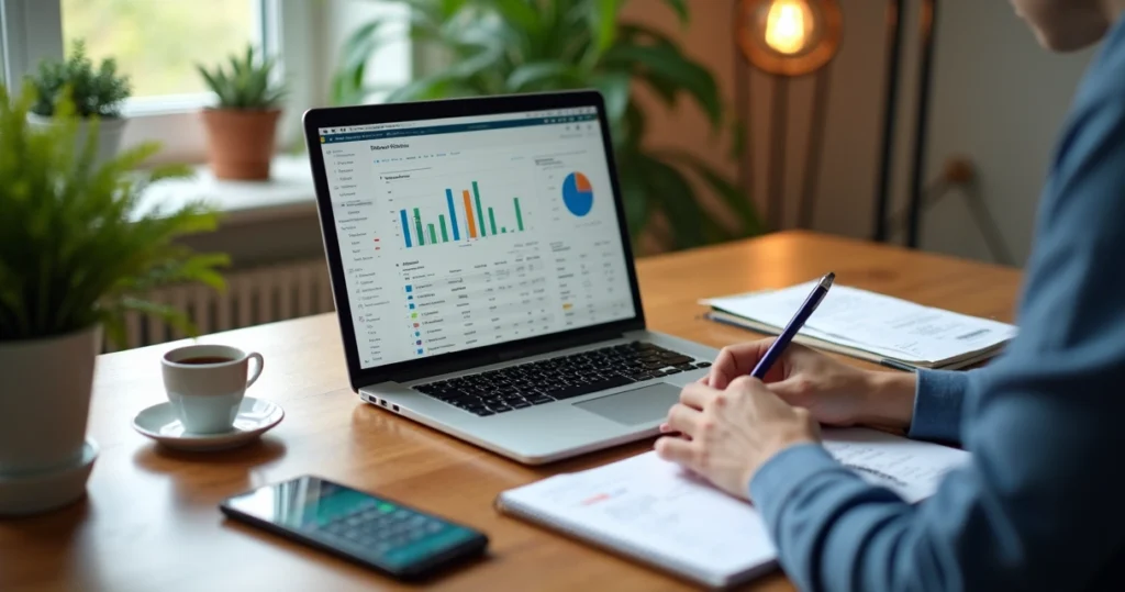 Profissional freelancer organizando finanças com notebook e anotações em mesa de madeira