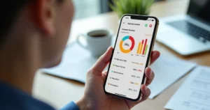 Smartphone exibindo app de controle de gastos com gráficos e notificações em ambiente de escritório moderno