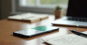 Smartphone exibindo aplicativo de controle de pagamentos com gráficos e notificações, sobre mesa de escritório com anotações e um laptop ao fundo