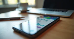 Smartphone exibindo aplicativo de controle de pagamentos com gráficos e notificações por WhatsApp