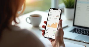 Pessoa usando aplicativo financeiro no celular em ambiente claro e organizado