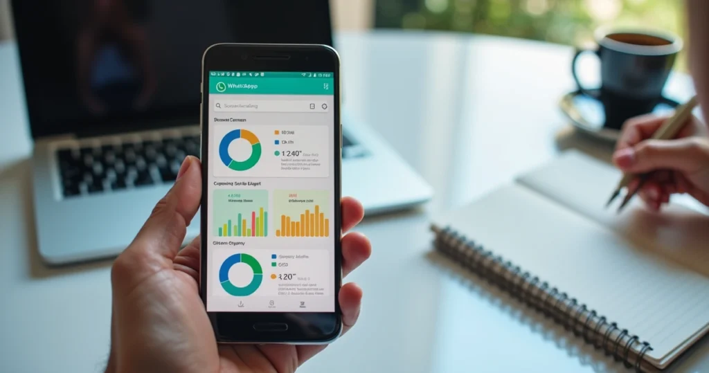 Tela de app de organização financeira mostrando gráficos, categorias de despesas e notificações no celular sobre finanças