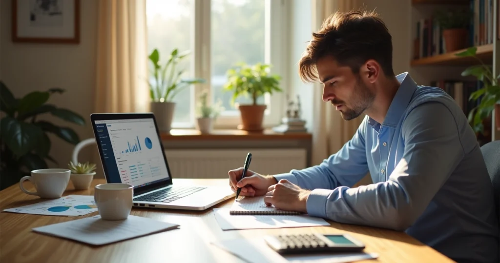 Profissional autônomo sentado à mesa organizando finanças com laptop, papeis e calculadora