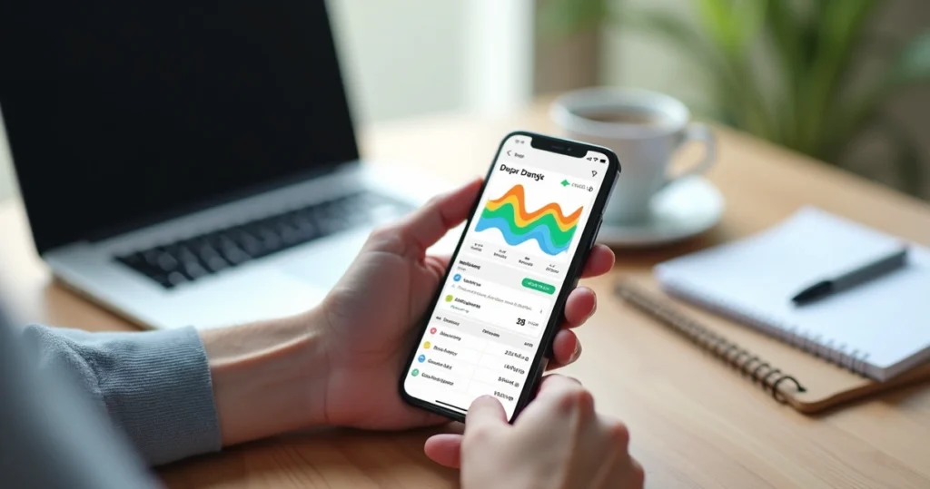 Autônomo usando aplicativo financeiro no smartphone com gráficos e alertas visíveis na tela