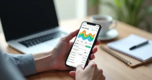 Autônomo usando aplicativo financeiro no smartphone com gráficos e alertas visíveis na tela