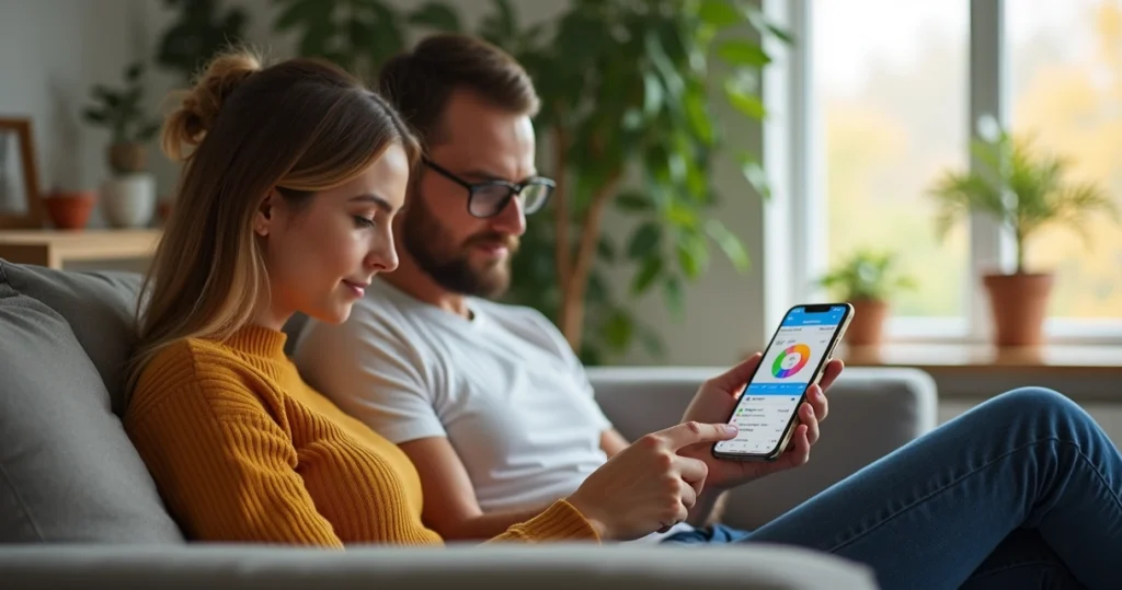 Casal sentado no sofá usando um app de controle financeiro no celular, tela mostrando gráficos e despesas organizadas