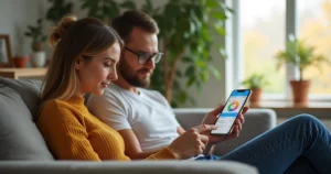 Casal sentado no sofá usando um app de controle financeiro no celular, tela mostrando gráficos e despesas organizadas
