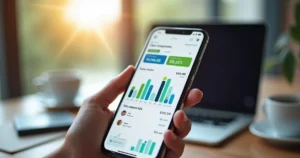 Pessoa usando aplicativo de finanças no celular com gráficos de gastos e notificações em background