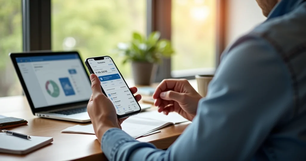 Pessoa usando aplicativo de controle financeiro automático no celular em ambiente de trabalho com notebook e caderno