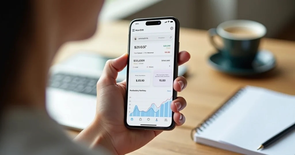 Pessoa usando aplicativo de controle financeiro em smartphone com gráficos de finanças na tela