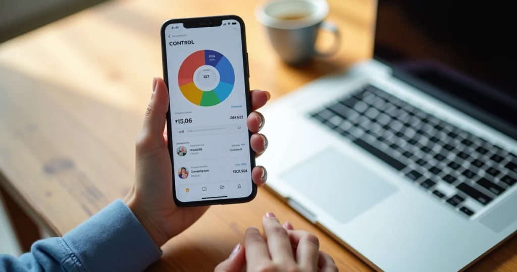 Pessoa usando aplicativo financeiro em smartphone com gráficos e notificações visíveis na tela