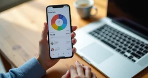Pessoa usando aplicativo financeiro em smartphone com gráficos e notificações visíveis na tela