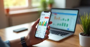 Tela de smartphone mostrando aplicativo de controle financeiro com gráficos e notificações