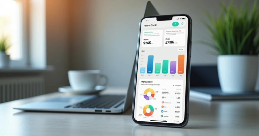 Tela de smartphone mostrando app financeiro com gráficos, notificações e integração automática de contas bancárias e cartões via Open Finance