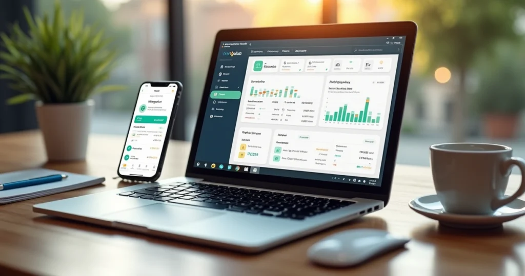 Mesa organizada com laptop mostrando aplicativo financeiro e notificações no smartphone ao lado