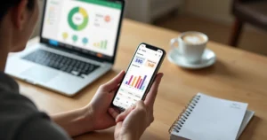 Pessoa usando app de controle de despesas no celular com gráficos coloridos
