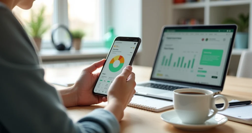 Profissional autônomo usando app de controle financeiro no smartphone para organizar receitas e gastos