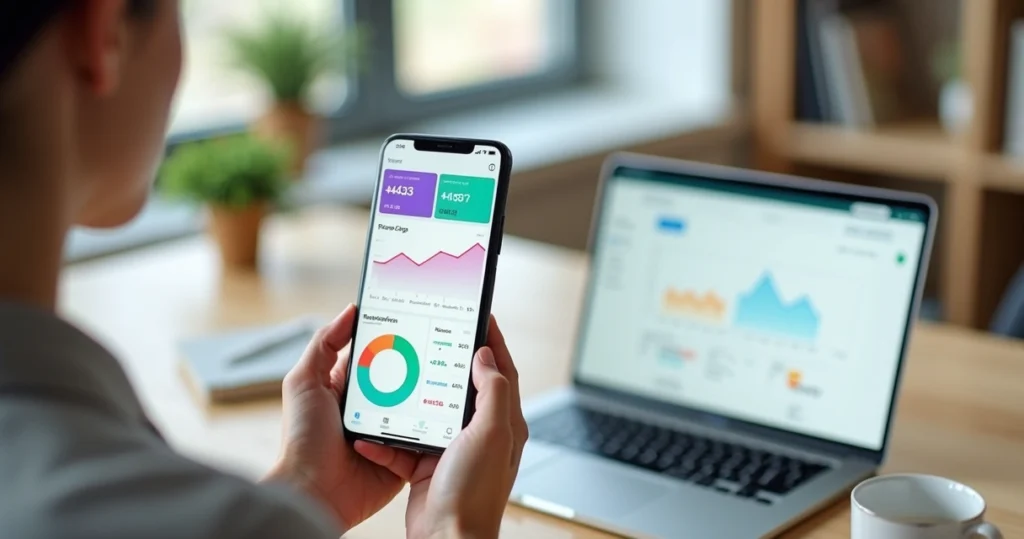 Pessoa usando aplicativo de controle financeiro no smartphone conectado ao notebook