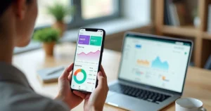Pessoa usando aplicativo de controle financeiro no smartphone conectado ao notebook