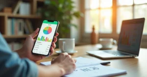 Pessoa autônoma usando aplicativo de controle financeiro no celular com gráficos coloridos na tela