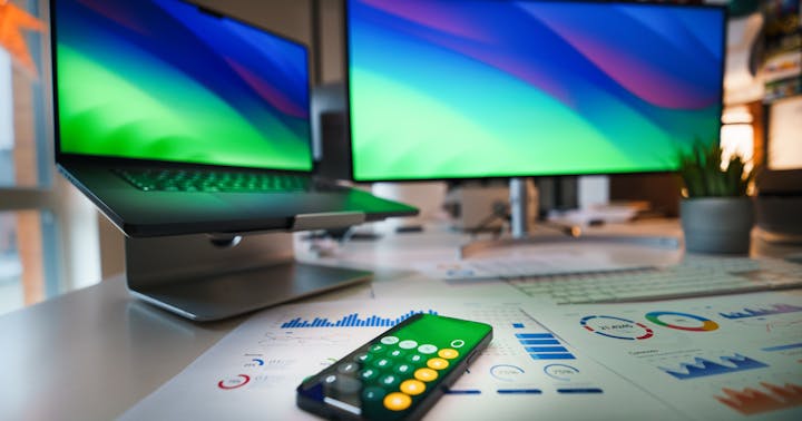 Mesa de trabalho com smartphone, laptop e monitor exibindo um contexto de comparação e acompanhamento financeiro